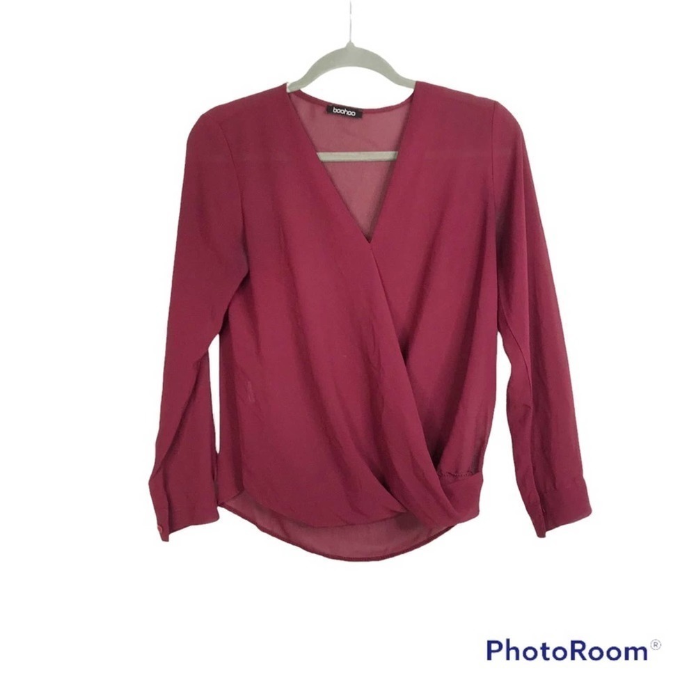 Boohoo red sheer long sleeve surplice blouse